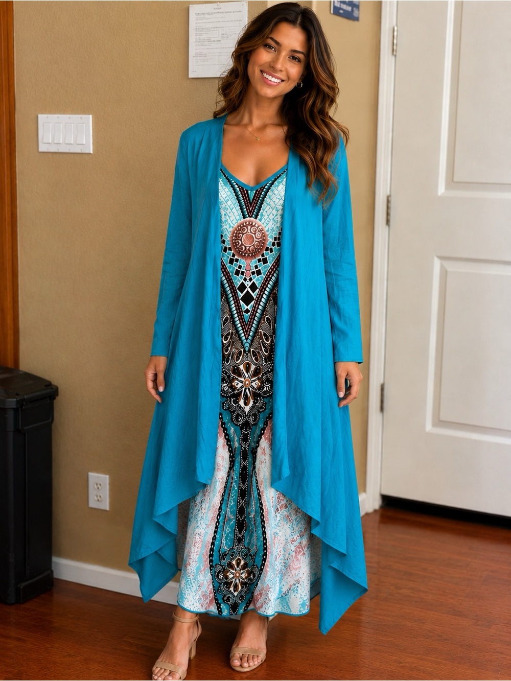 Turquoise Boho Maxi Dress with Draped Cardigan